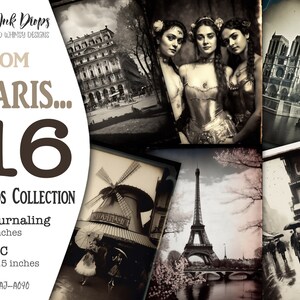 May include: A collection of 16 cards featuring vintage images of Paris, France. The cards are a mix of journaling cards and ATC cards. The cards are 5x7 inches and 2.5x3.5 inches. The cards feature images of the Eiffel Tower, Notre Dame Cathedral, and other Parisian landmarks.