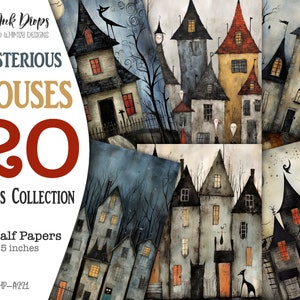 Puede incluir: Una colección de 20 papeles digitales con ilustraciones caprichosas de casas misteriosas con detalles espeluznantes. Cada papel mide 14x21,6 cm y es perfecto para proyectos de manualidades y scrapbooking.