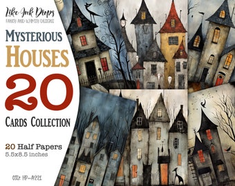 Mysterious houses digital journaling cards: Whimsical and eccentric half paper images with gothic settings and dark atmospheres, CU, HP-A221