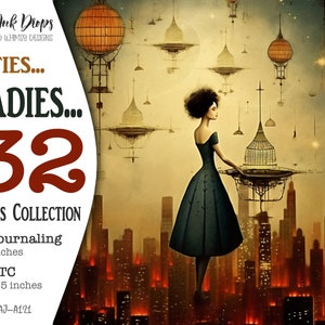 32 Ladies and Cities junk journal Digitale kaarten: Kleurrijke verzameling van 16 Journaling en 16 ATC met Women, Moon en Cityscapes CU, AJ-A121
