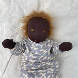 Thread Jointed Waldorf Doll, Dark Skin Tone, Plant Dyed Wool Hair