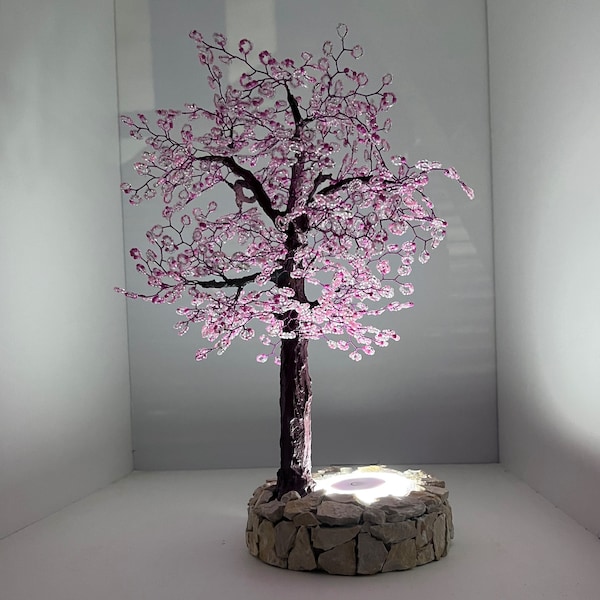 Lampe fleurs de cerisier, abat-jour, lampe de table, lampe USB, bonsaï fleurs de cerisier, sculpture d'arbre en fil de fer, arbre en fil de cuivre, lampe d'arbre,