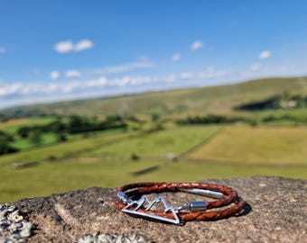 Leather Mountain Bracelet charm bracelet Charm Bracelet three peaks challenge mountain climber ski mountaineering hiking mountaineer gift
