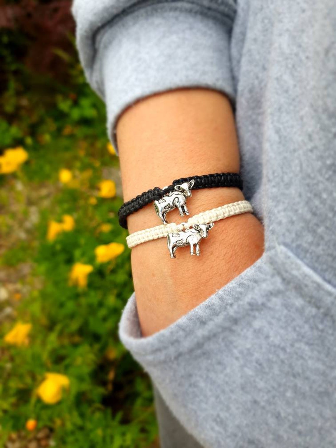 Silver tone cow charm macrame friendship bracelet BFF Etsy