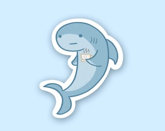 Shark Drinking Tea Sticker, Sticker, Shark Sticker, Shark, Cute Sticker, Waterproof Sticker, Laptop Sticker, Sharks, Shark Art, Waterbottle
