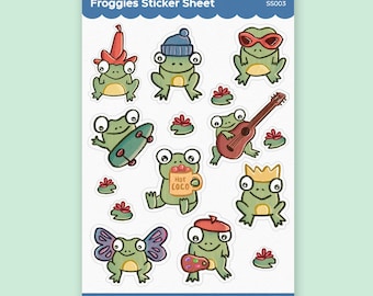 Cute Frog Sticker Sheet, Frog Stickers, Cute Vinyl Stickers, Frog Sticker Pack, Frog Decals, Cute Animal Stickers, Silly Frog Stickers