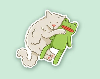 Cat Hugging Frog Plushie Sticker, Cute Sticker, Cat, Waterproof Sticker, Cat Sticker, Cute Animal Art, Waterbottle Sticker, Cat Stickers