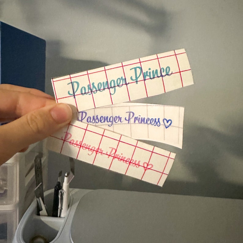 May include: Three white labels with red grid lines and blue and pink text. The top label reads "Passenger Prince". The middle label reads "Passenger Princess" with a heart symbol. The bottom label reads "Passenger Princess" with a heart symbol.