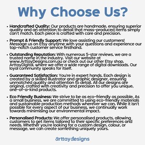 May include: Why Choose Us? A text-based graphic with a blue heading and bullet points describing the benefits of choosing this Etsy shop. The benefits include handcrafted quality, prompt and friendly support, outstanding reputation, guaranteed satisfaction, eco-friendly business, and personalised products.