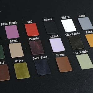 May include: Leather swatches in various colors, including cognac, pink punch, red, black, white, gray, green, blush, purple, lilac, chocolate, amber, cherry, olive, dark blue, brown, pistachio, and natural.