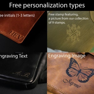 May include: Four leather bags with different personalization options. The first bag is brown with the initials HEV engraved. The second bag is green with a compass design. The third bag is black with the initials A.B. engraved. The fourth bag is brown with a butterfly design and the name Jayme engraved.