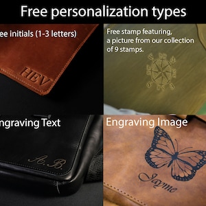 May include: A collage showing leather personalization options. Top left: brown leather with initials HEV. Top right: olive leather with a compass stamp. Bottom left: black leather with initials A.B. Bottom right: tan leather with a butterfly and name Jayme.