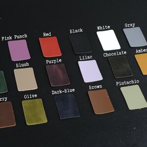 May include: Leather swatches in various colors, including cognac, pink punch, red, black, white, gray, green, blush, purple, lilac, chocolate, amber, cherry, olive, dark blue, brown, pistachio, and natural.