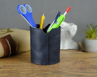 Organiseur de bureau en cuir pleine fleur fait main : porte-stylo minimaliste