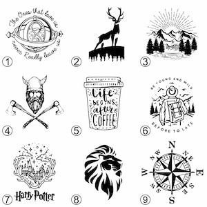May include: A collection of nine black and white graphic designs featuring a time turner with text, a deer, a mountain landscape, a viking with axes, a coffee cup with text, a hiker, a castle with text, a lion head, and a compass rose.