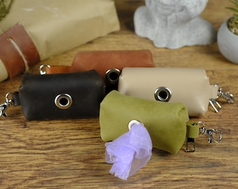 Leather Dog Poop Bag Holder. Handmade Waste Bag Dispenser with Carabiner, Full Grain Personalized Pet Accessory, Gift for Dog Owner