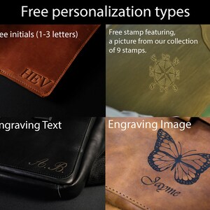 May include: Four leather bags with different personalization options. The first bag is brown with the initials HEV engraved. The second bag is green with a compass design. The third bag is black with the initials A.B. engraved. The fourth bag is brown with a butterfly design and the name Jayme engraved.