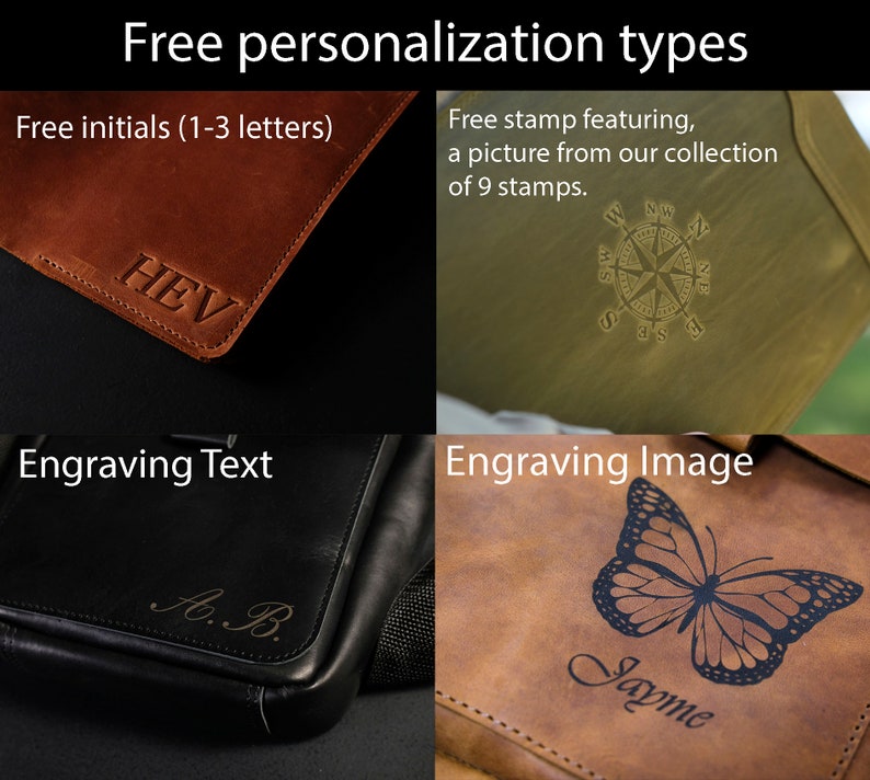 May include: Four leather bags with different personalization options. The first bag is brown with the initials HEV engraved. The second bag is green with a compass design. The third bag is black with the initials A.B. engraved. The fourth bag is brown with a butterfly design and the name Jayme engraved.