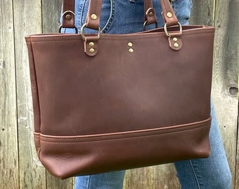 Leather Tote Bag: Brown Amber - Handmade American SB Foot Full Grain Leather Emma Large Tote Bag Purse