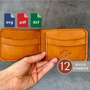 May include: A brown leather wallet with a stitched edge and the text "GRIT MERCANTILE" on the right side. The wallet is open and a hand is holding it. The image includes three icons for file types: SVG, PDF, and DXF. The text "12 BUILD COMBOS" is also included in the image.