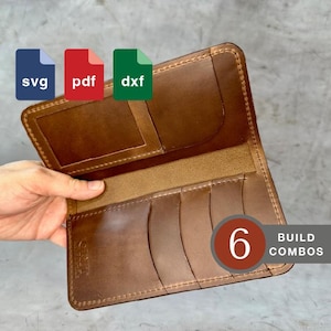 May include: A brown leather wallet with six card slots and a large pocket. The wallet is open and the inside is visible. The wallet is labeled with "6 Build Combos" and has icons for SVG, PDF, and DXF files.