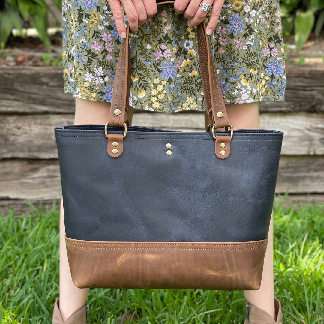 Leather Tote Bag Navy Blue & Brown Handmade American SB Etsy