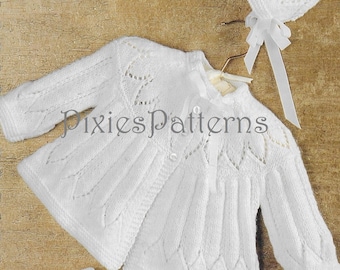 Baby's pretty matinee jacket & bonnet knitting pattern. To fit 17"-19" chest. PDF in English only. 4 ply. Instant digital download
