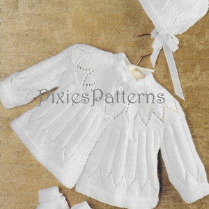 Baby's pretty matinee jacket & bonnet knitting pattern. To fit 17"-19" chest. 4 Ply. PDF digital download