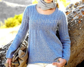 Ladies round neck tunic sweater knitting pattern PDF in English only. DK.  Instant digital download