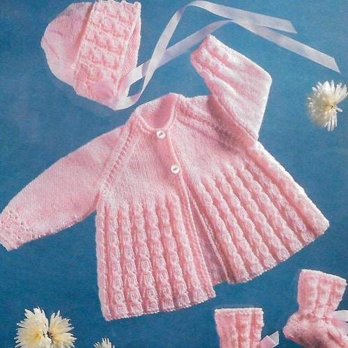 Baby's Lacy Panel Dress Jacket Bonnet & Bootees Knitting - Etsy