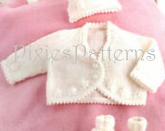 Baby's dainty cardigan, hat & bootees knitting pattern. Includes premature baby sizes. To fit 10" - 18" chest. 4 Ply. PDF digital download