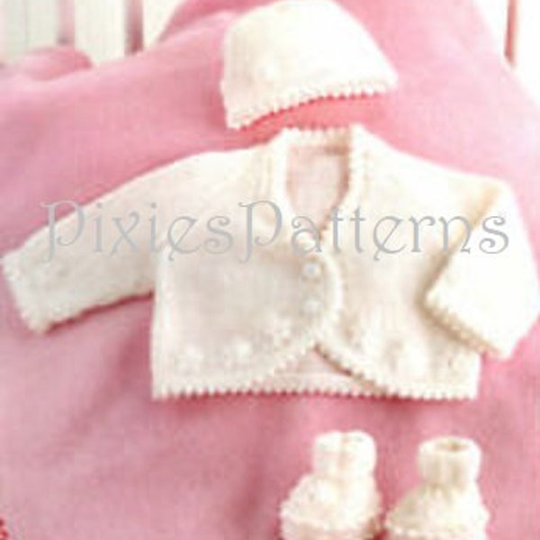 Baby's dainty cardigan, hat & bootees knitting pattern. Includes premature baby sizes. To fit 10" - 18" chest. 4 Ply. PDF digital download