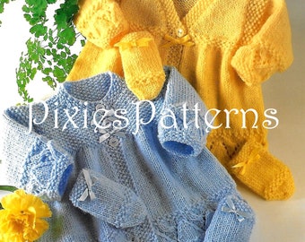 Baby crew and V neck matinee jackets and mittens knitting pattern. To fit 14" - 20" chest. Double Knitting. PDF instant digital download