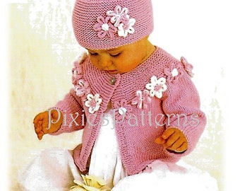 Baby/toddler flower embellished cardigan knitting pattern. 41cm - 56cm (16" - 22") chest. Double Knitting. PDF instant digital download