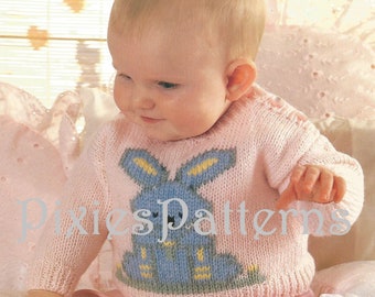 Very cute baby's bunny sweater knitting pattern. To fit chest sizes 18" - 20". Double Knitting. PDF instant digital download