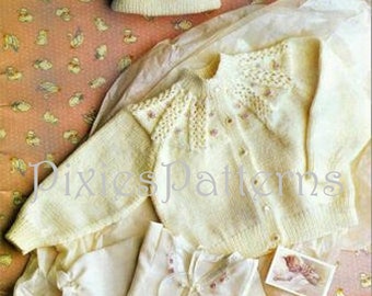 Baby's panelled yoke cardigan and hat knitting pattern. To fit chest sizes 16" - 22" (41 - 56cm). 4ply. PDF instant download