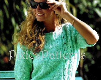 Ladies short sleeve top with leaf pattern detail knitting pattern. To fit 30" - 48" bust. DK. PDF instant digital download