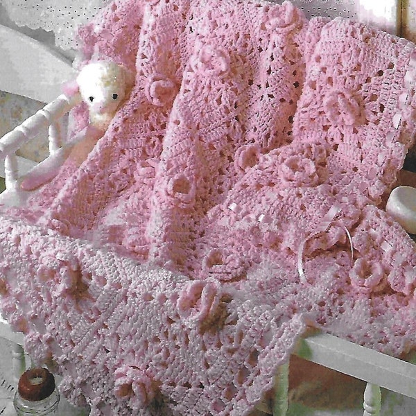 Hübsche in rosa Rose Detail Baby Schal/afghanischer Überwurf Häkelanleitung PDF sofortiger digitaler Download