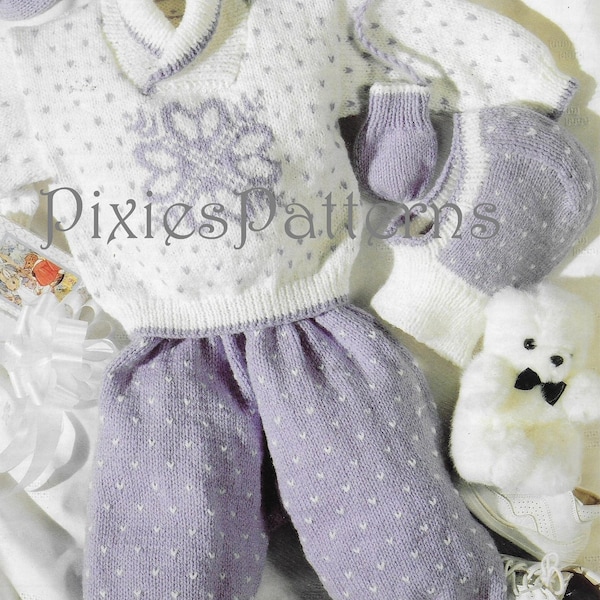 Baby/toddler snowflake Snow Set (sweater, pants and helmet) intarsia knitting pattern. To fit 16" - 22" chest. DK. PDF digital download