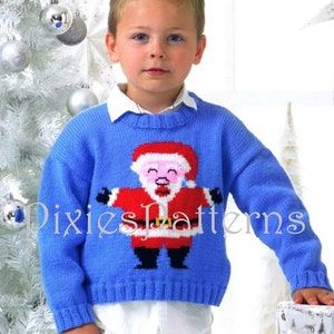 May include: A blue knitted jumper with a Santa Claus design. The jumper has a white collar and white cuffs. The Santa Claus design is red, white, and black.