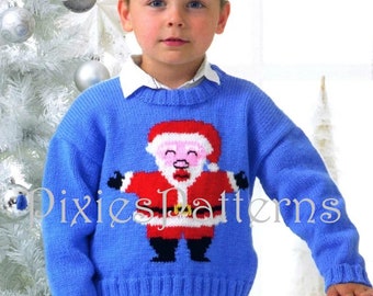 Child's Santa/Father Christmas sweater knitting pattern. To fit chest sizes 20" - 30" (51cm - 76cm) PDF instant download.
