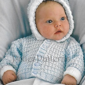 Baby's hooded jacket, mitts & bootees (inc prem) knitting pattern. To fit 10" - 20" chest. PDF in English only. DK. Digital download