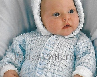 Baby's hooded jacket, mitts & bootees (includes premature baby sizes) knitting pattern. To fit 10" - 20" chest. DK.  PDF digital download