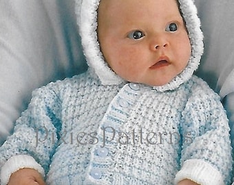 Baby's hooded jacket, mitts & bootees (inc prem) knitting pattern. To fit 10" - 20" chest. PDF in English only. DK. Digital download