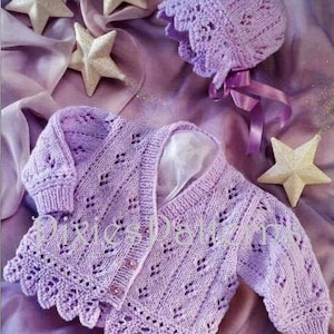 Very pretty baby/toddler/girl lacy cardigan and bonnet knitting pattern. To fit 16" - 26" chest. DK. PDF instant digital download