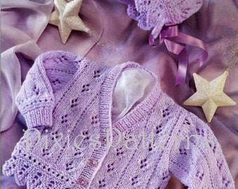 Very pretty baby/toddler/girl lacy cardigan and bonnet knitting pattern. To fit 16" - 26" chest. DK. PDF instant digital download