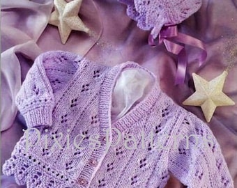 Baby/toddler/girl lacy cardigan and bonnet knitting pattern. To fit 16" - 26" chest. PDF in English only. DK. Instant  digital download