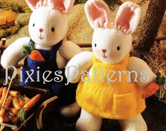 Boy and girl Bunny soft toy knitting pattern. Each approx 14.5" (37cm) tall including ears. Double Knitting. PDF instant digital download