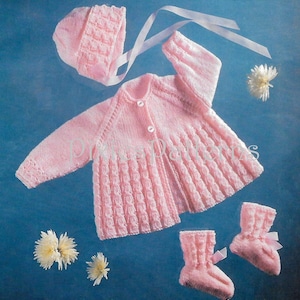 Baby&#39;s pretty matinee jacket, bonnet and bootees knitting pattern To fit  18&quot; and  19&quot; chest. Double Knitting. PDF instant digital download