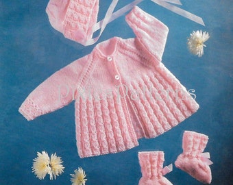Baby's pretty matinee jacket, bonnet and bootees knitting pattern To fit  18" and  19" chest. Double Knitting. PDF instant digital download